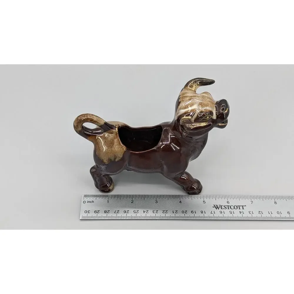 Vintage MCM Stoneware Ceramic Brown & Gold Bull Coffee Creamer Dish 6